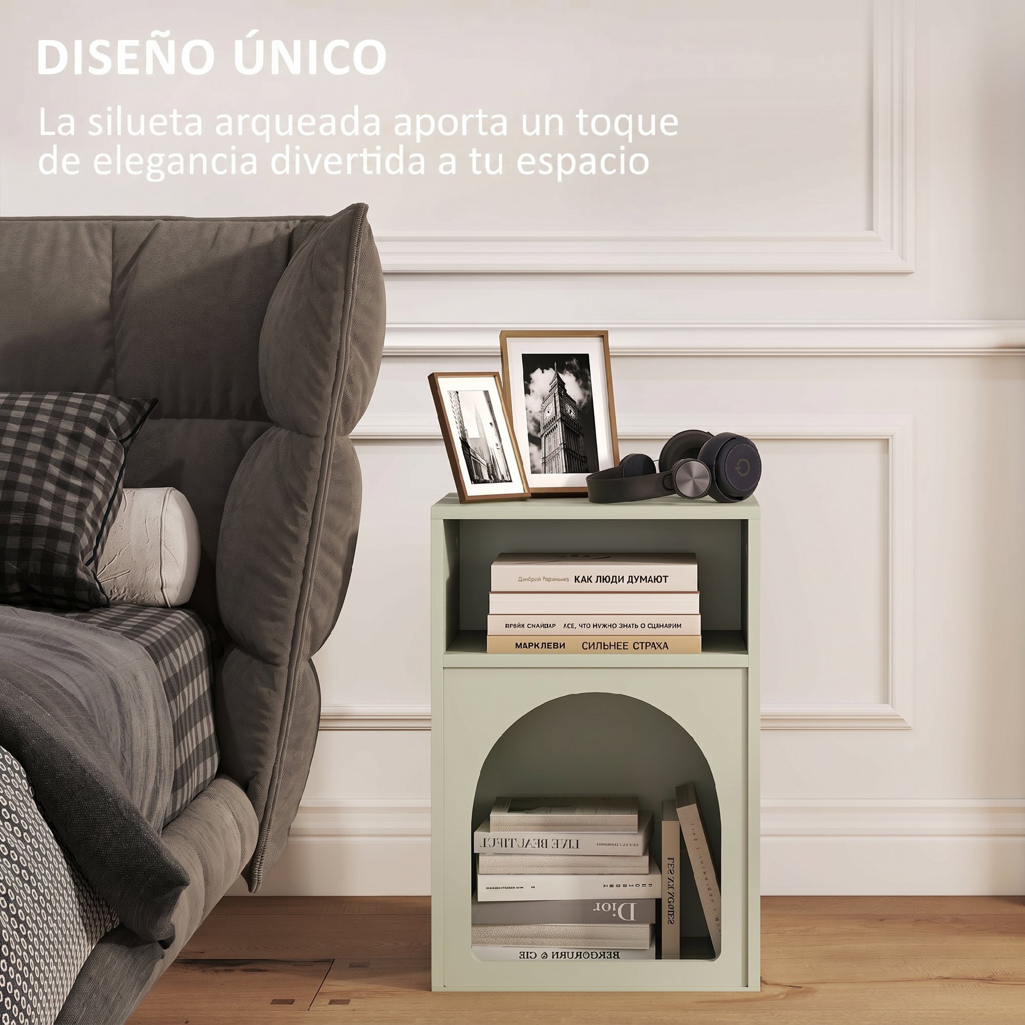 Juego de 2 Mesitas de Noche Modernas Mesillas de Noche Estrechas con 2 Compartimentos Abiertos Diseño en Forma de Arco Mesas Auxiliares para Salón Dormitorio 40x30x60 cm Verde Claro