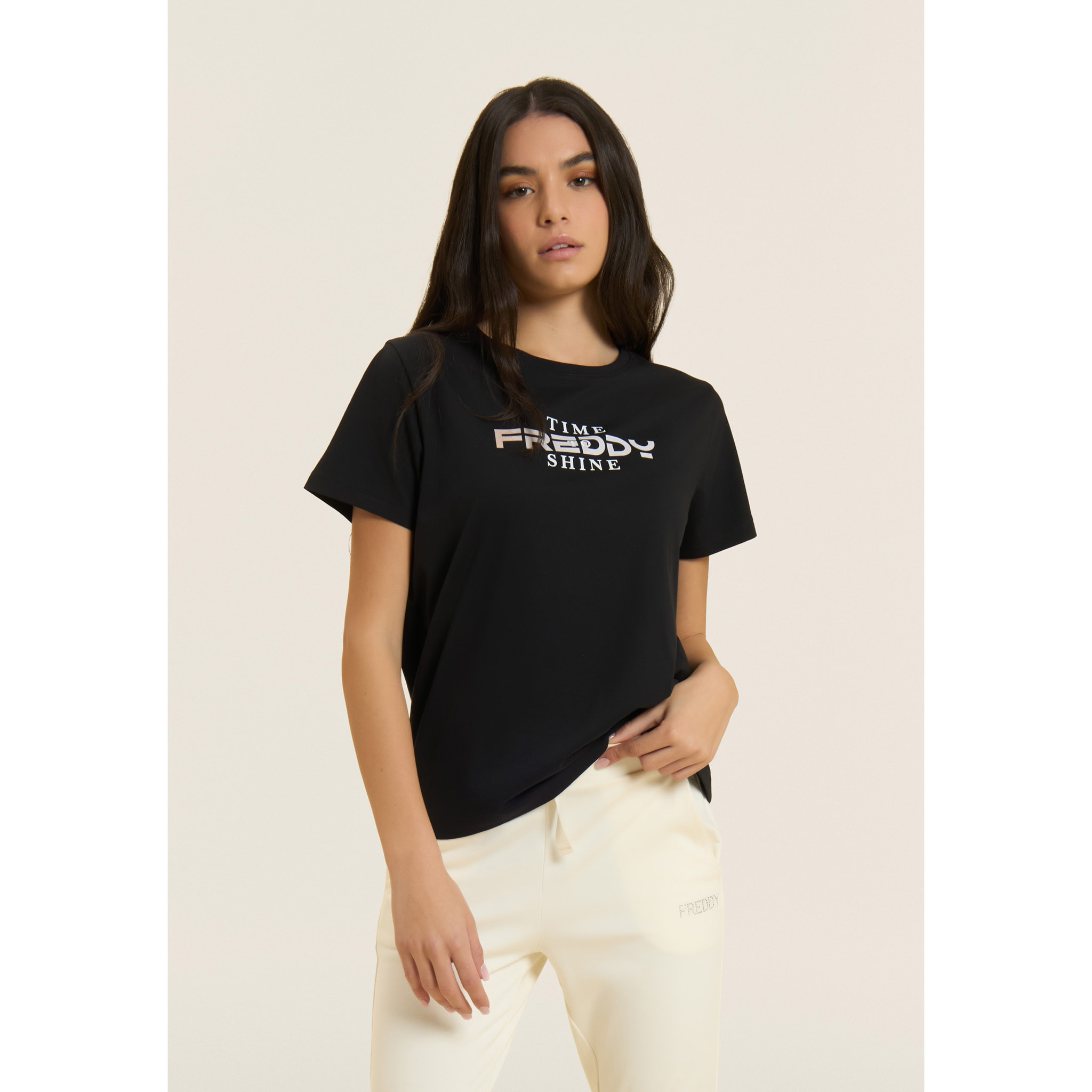 T-shirt Comfort Fit con Logo FREDDY e Slogan "Time Shine"