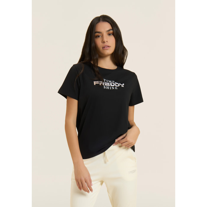 T-shirt Comfort Fit con Logo FREDDY e Slogan "Time Shine"