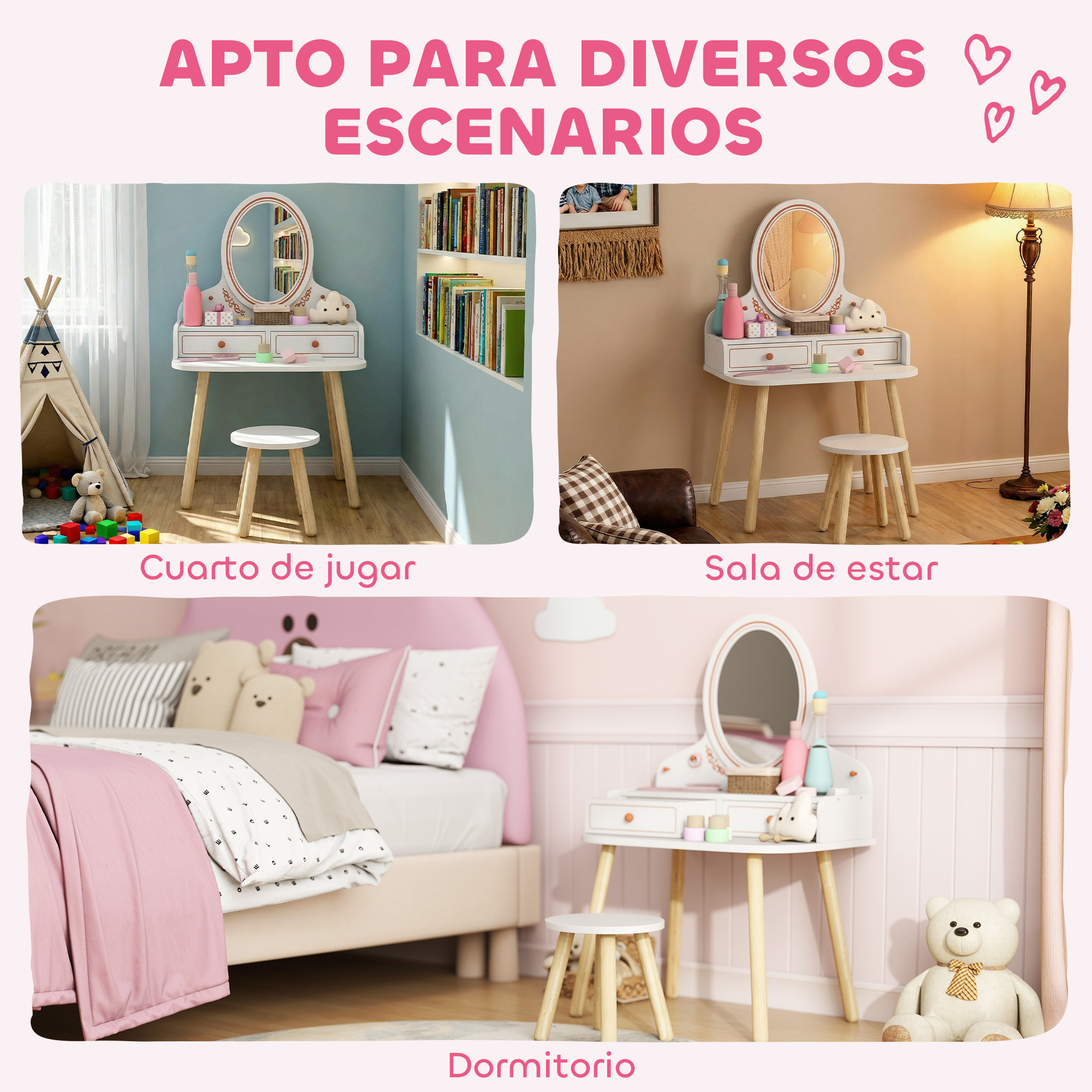 Tocador de Maquillaje Niña, Tocador Infantil con Taburete y Espejo, 2 Cajones y Barras Colgantes, para Niños de 3 a 8 Años, Blanco