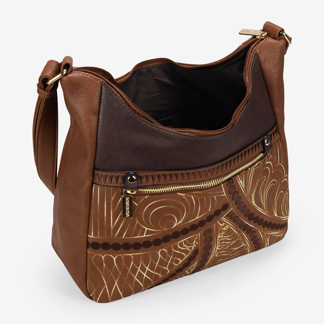 Bolso bandolera marrón con cosidos y cremallera