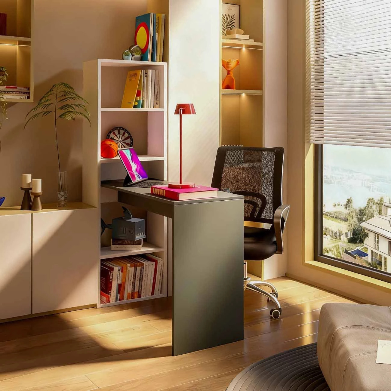 Mesa de escritorio con estantería Cosmic en blanco artik gris antracita 120 x 144 cm Blanco Artik (Blanco Mate) - Gris Antracita