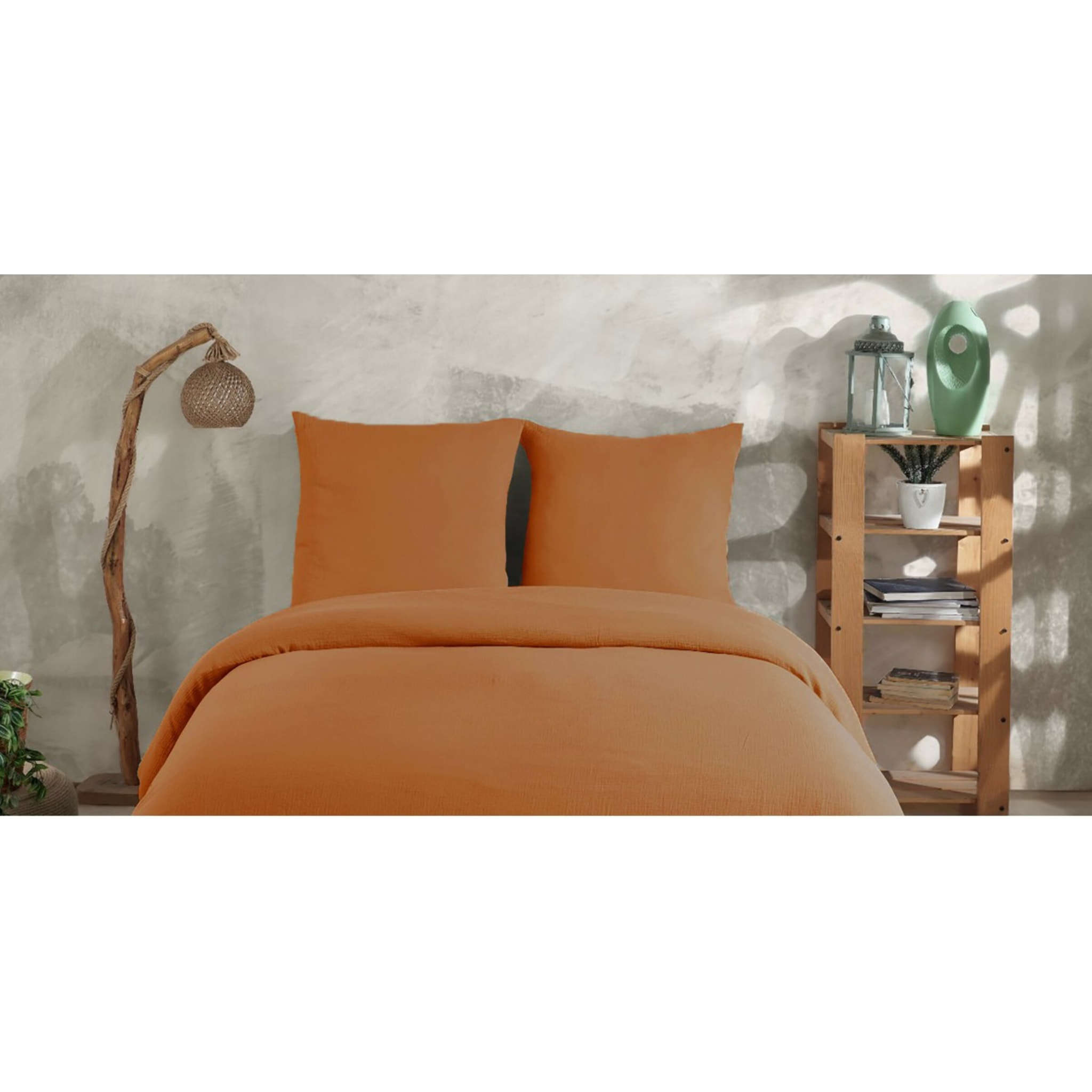 Parure housse de couette et taies d'oreiller gaze de coton ocre
