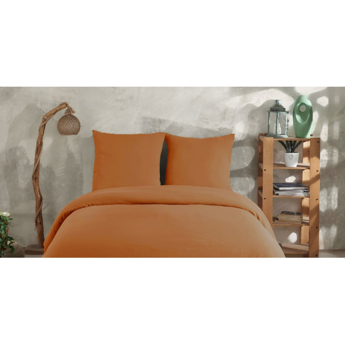 Parure housse de couette et taies d'oreiller gaze de coton ocre