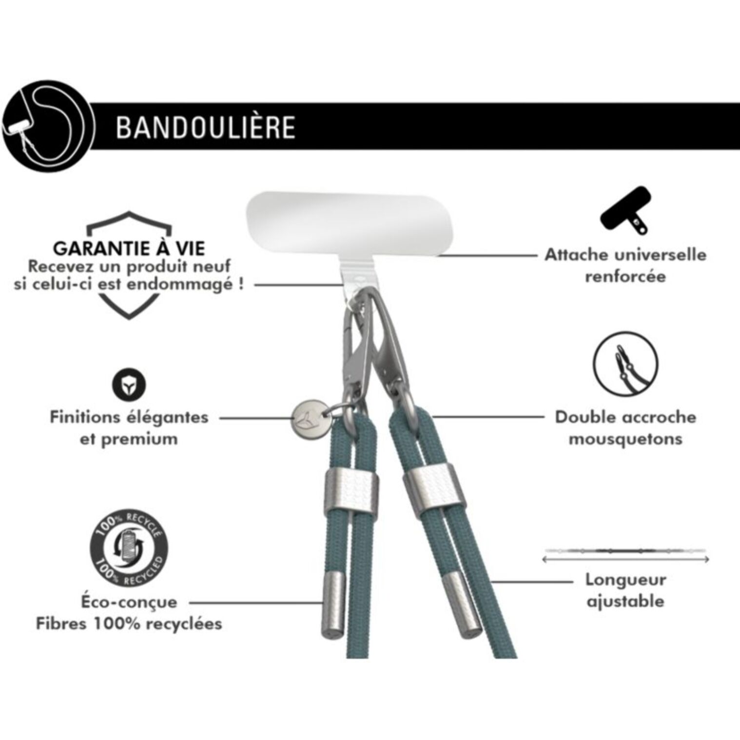 Cordon téléphone FORCE CASE Cordon Verte détails silver