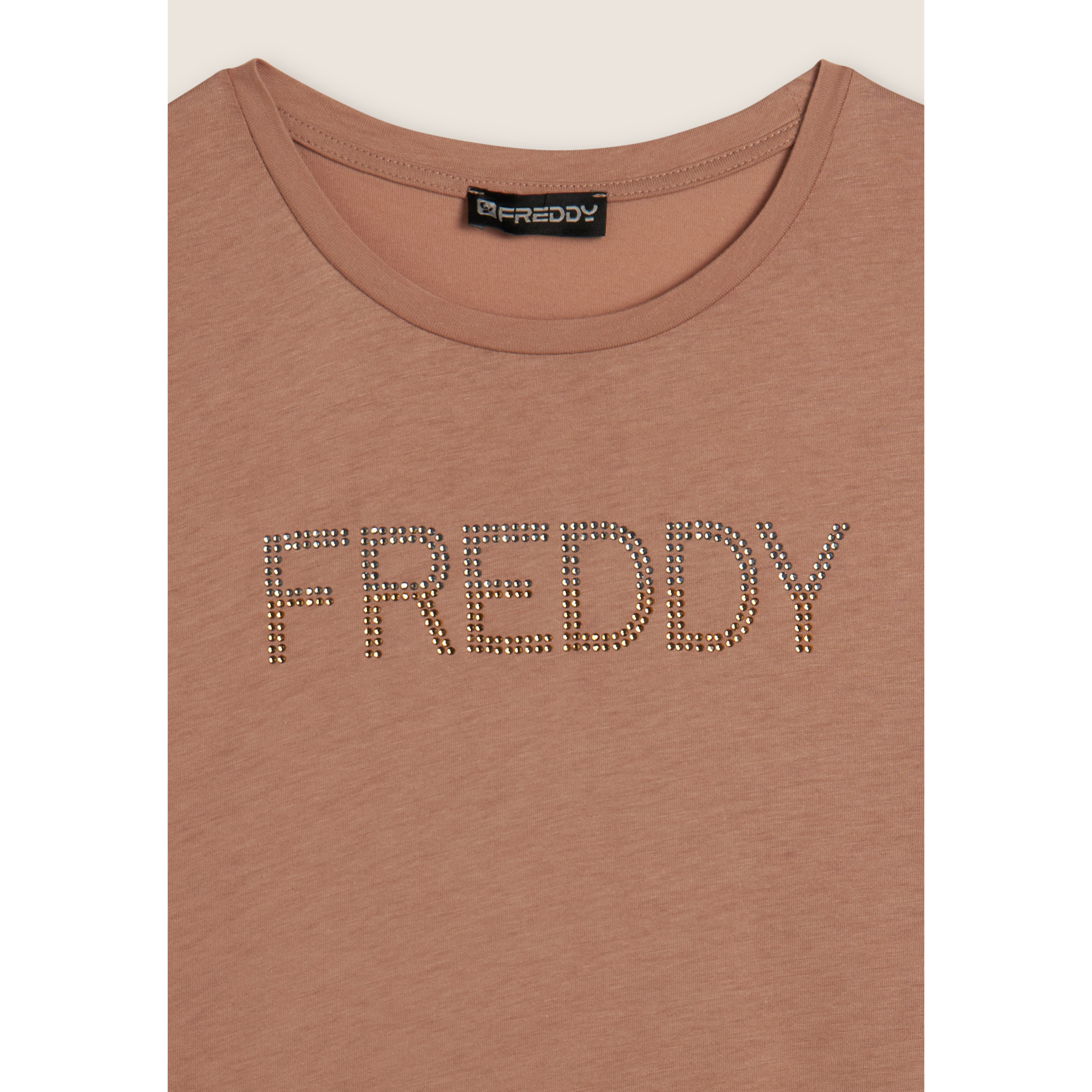 T-shirt donna con logo in strass bicolori