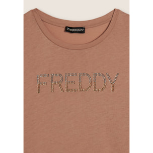 T-shirt donna con logo in strass bicolori