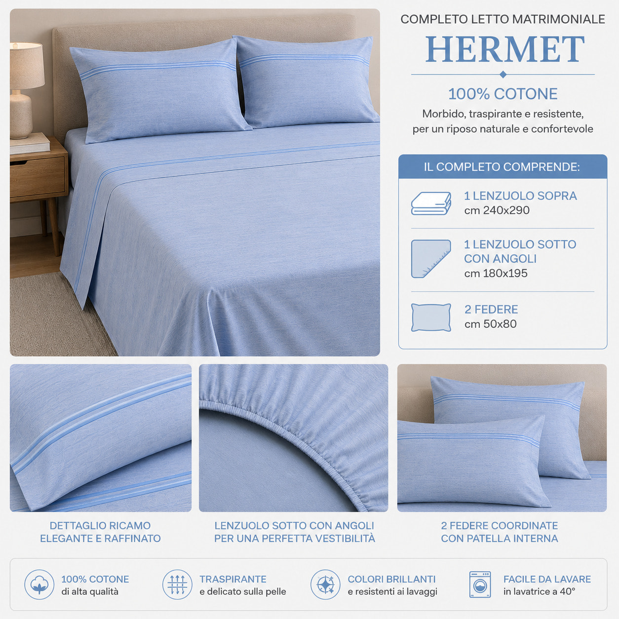 HERMET Completo Letto Matrimoniale in 100% Cotone_Volga_Avio
