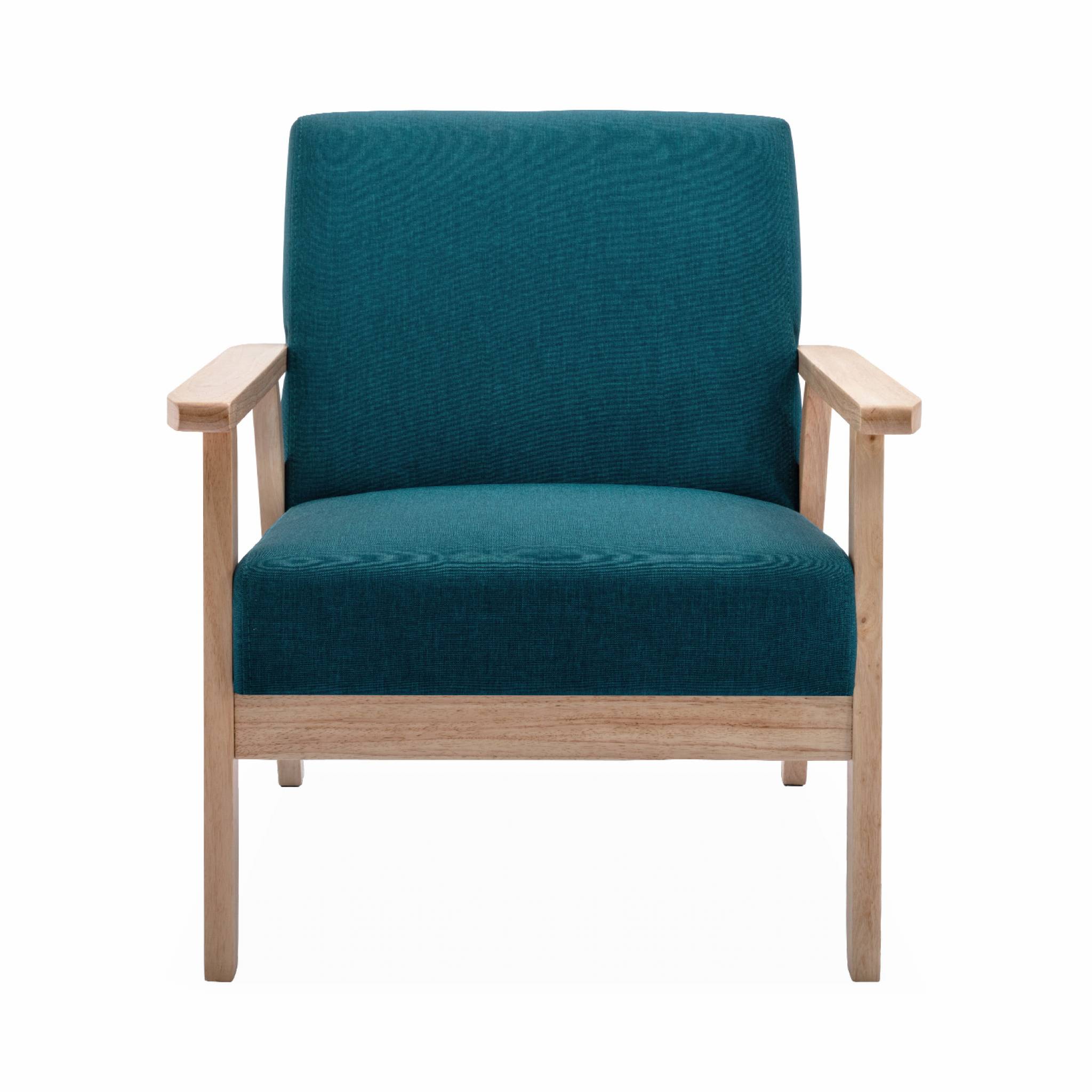 Fauteuil scandinave en bois et tissu bleu pétrole. Isak. L 64 x P 69.5 x H 73cm