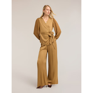 Motivi - Blusa de raso con escote en V y lazo - Beige