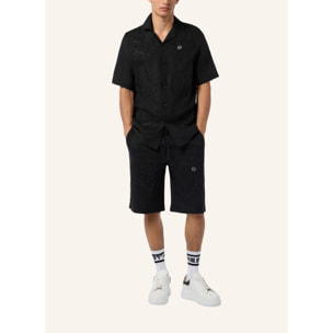 PHILIPP PLEIN Embroidered Linen Bowling Shirt Tattoo Strass