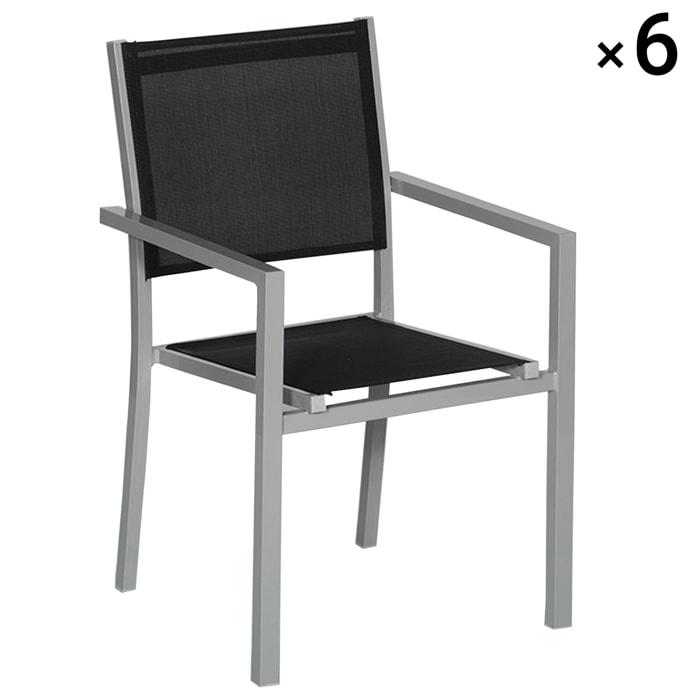 Lot de 6 chaises en aluminium gris - textilène noir