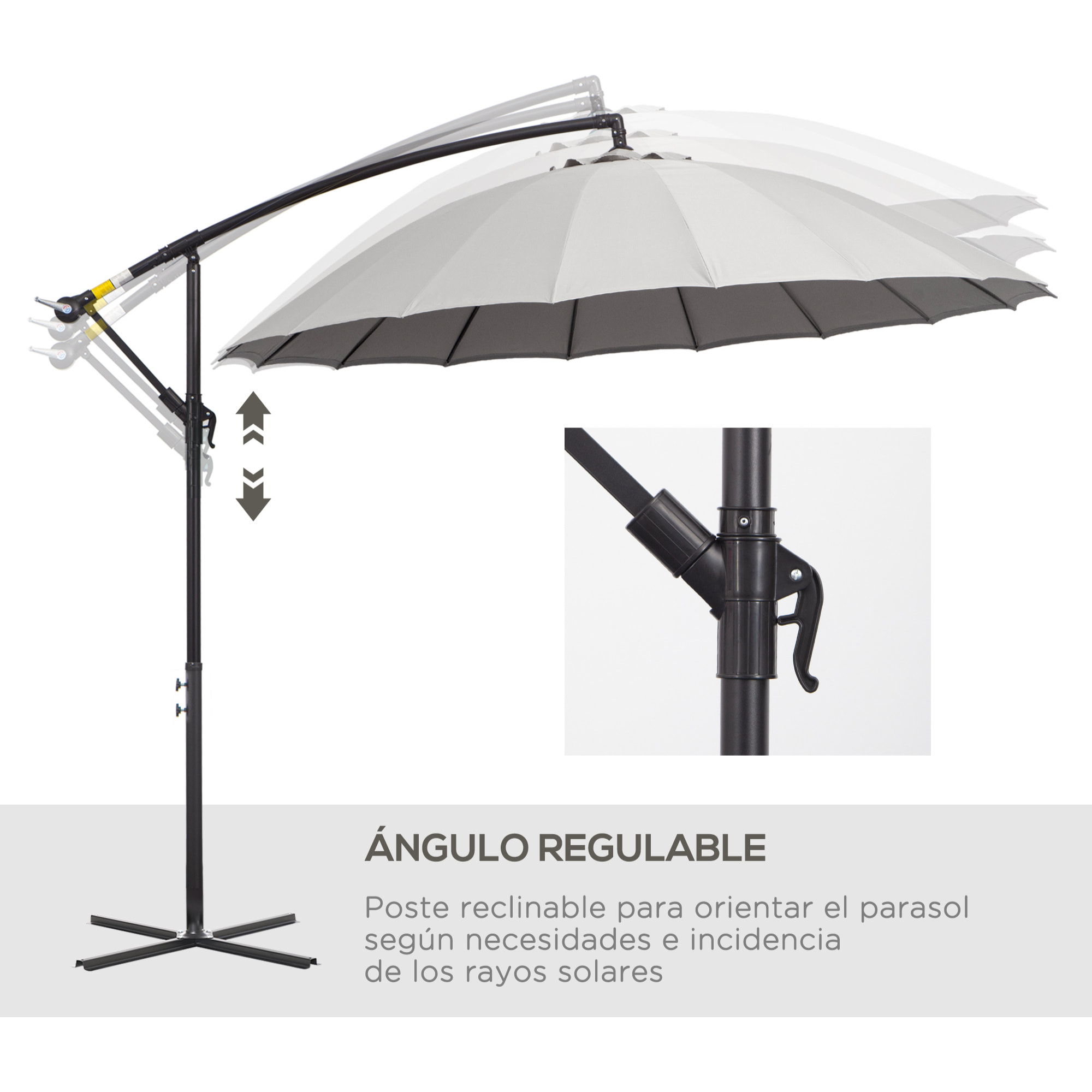 Sombrilla Jardín Ø300 cm con Manivela Manual Ángulo Ajustable Base Cruzada Gris