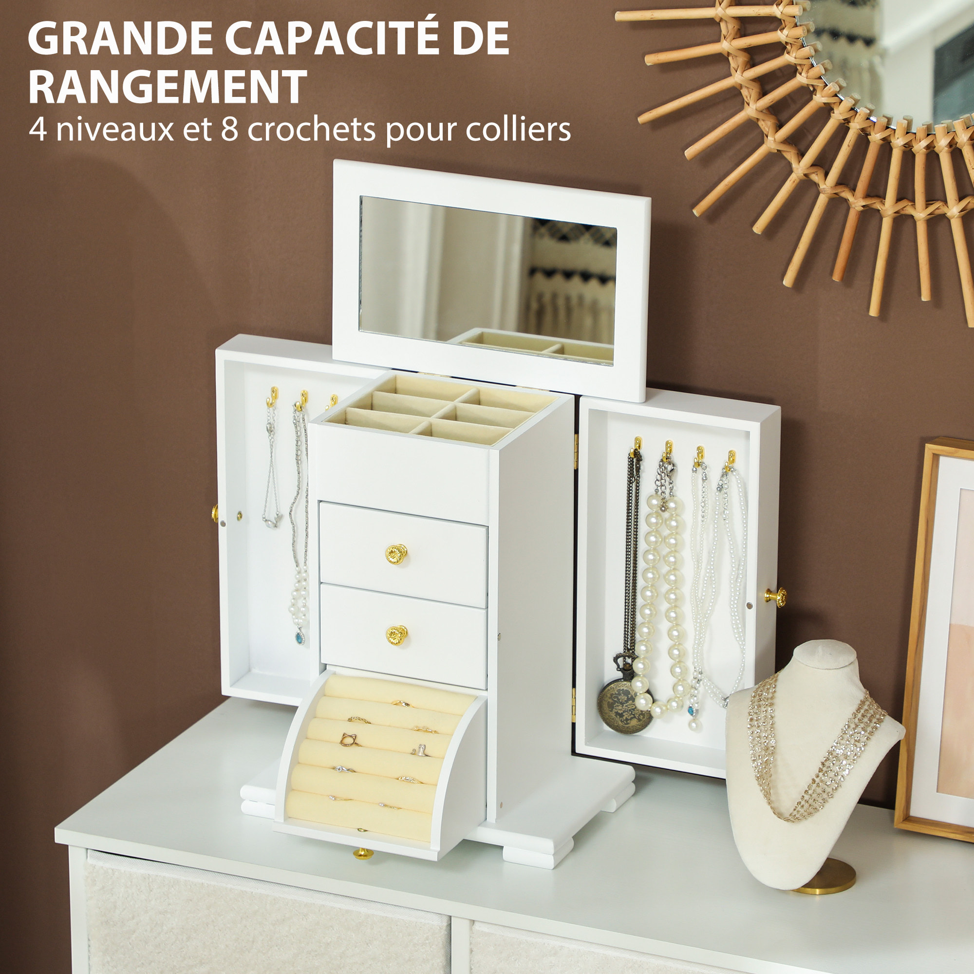 Armoire à bijoux poignées bouton doré miroir bois blanc