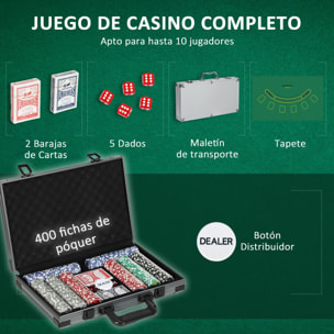 Juego de Póker Maletín de Póker con 400 Fichas 2 Barajas de Cartas 5 Dados Tapete y Botón de Crupier Gris