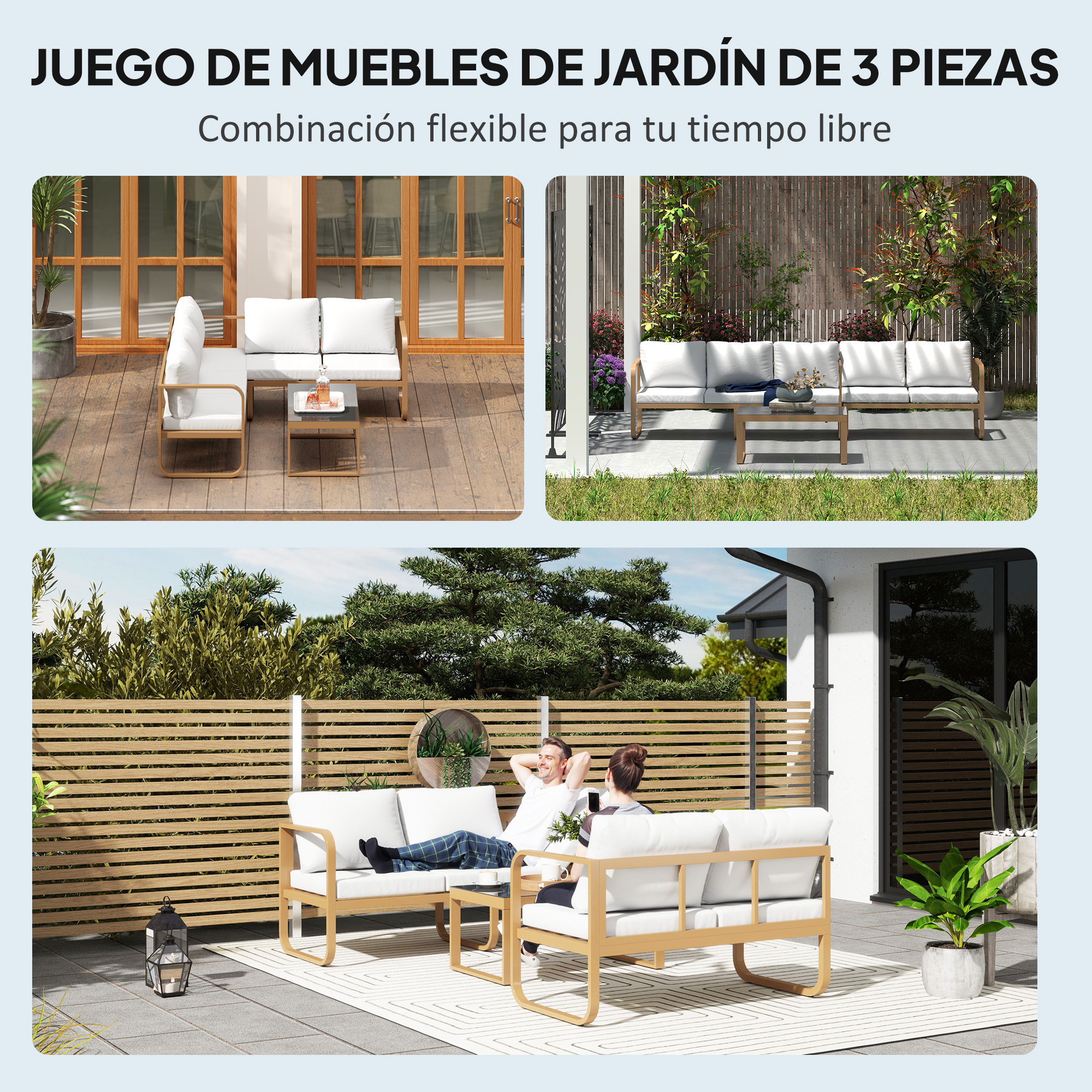 Conjunto de Jardín Exterior de 3 Piezas Muebles Jardín Exterior con Sofá de 3 Plazas con Asiento Ajustable Sofá de 2 Plazas y Mesa de Centro de Vidrio con Cojines Crema