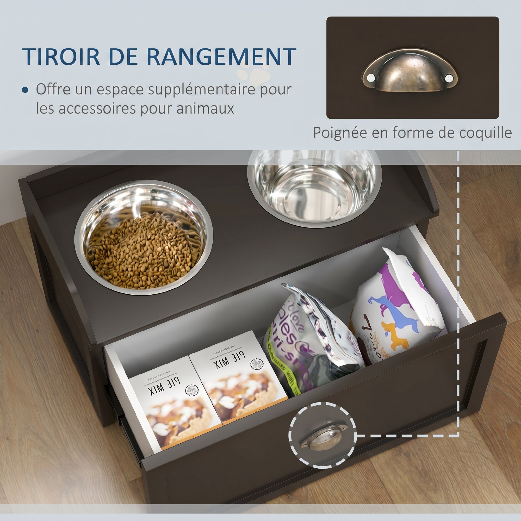 Gamelle double chien chat - porte-gamelles surélevé rangement 2 en 1 - tiroir, 2 gamelles - acier inox. MDF brun