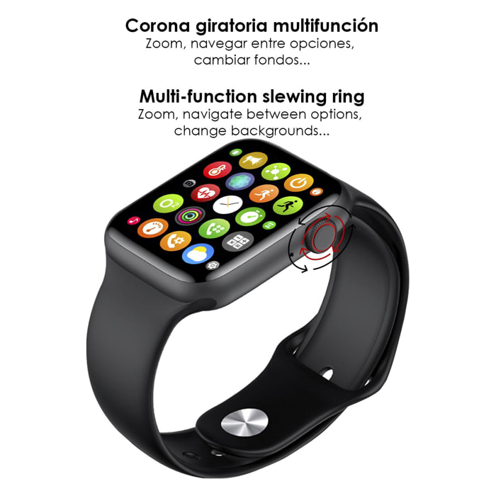 DAM Smartwatch Watch 7 con cardiofrequenzimetro, pressione sanguigna e monitor O2. Modalità sportive indoor e outdoor. Corona multifunzione intelligente. 3,9x1,1x4,4 centimetri. Colore nero