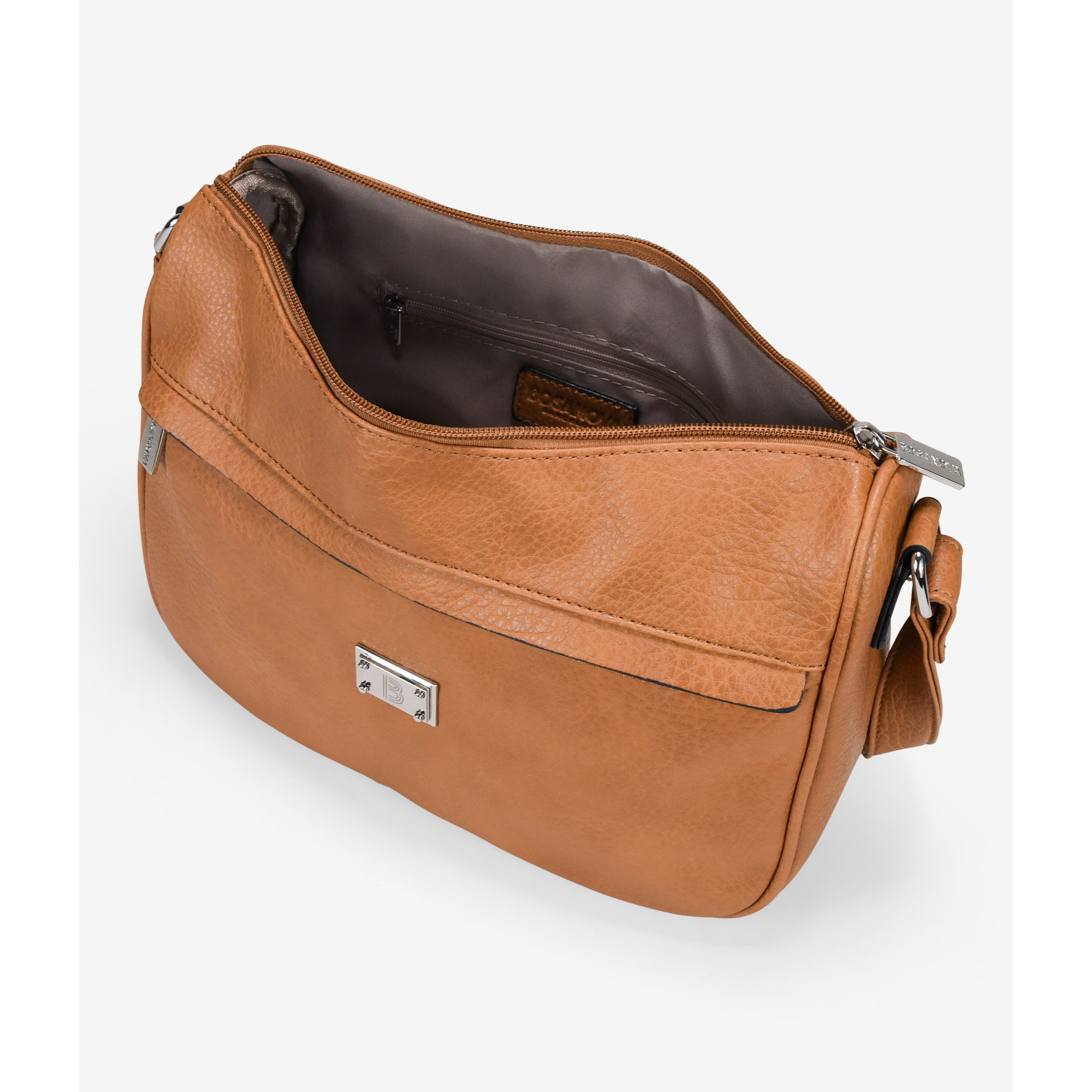 Bolso bandolera tostado con bolsillo frontal y logo