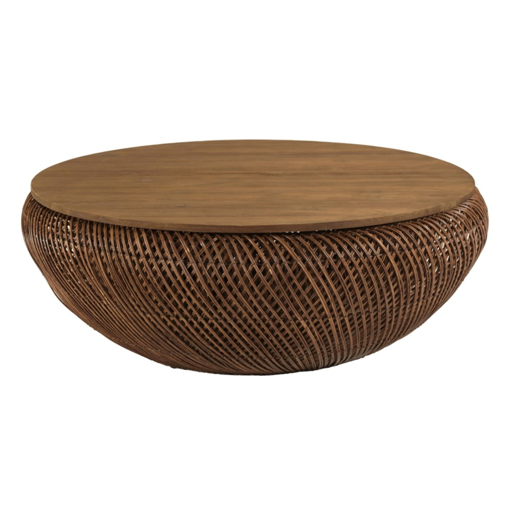 SIXTINE - Table basse en rotin couleur marron et bois de teck recyclé D100cm