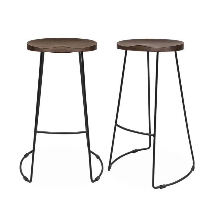 Lot de 2 tabourets de bar bois de manguier teinté noyer et acier. avec repose pieds. 75cm