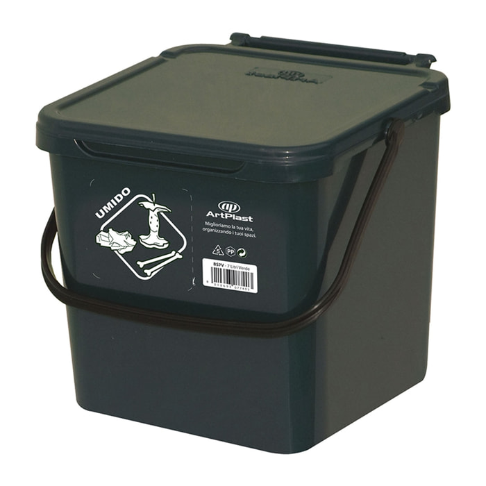 Cubo de polipropileno con la manija y la cubierta, de color verde, 7 lt. 225x240x205 mm, con la identificación de residuos pegatina