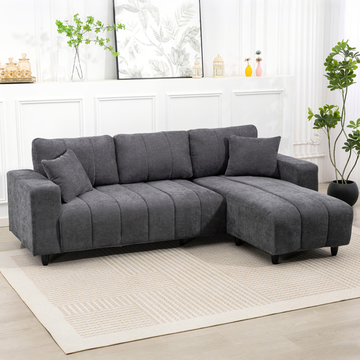 Sofá Chaise Longue Reversible, Sofá Esquinero en Forma de L de 3 Plazas, 2 Almohadas, Tapizado en Lino, Marco de Acero, para Salón, 242x156x87 cm, Gris Oscuro