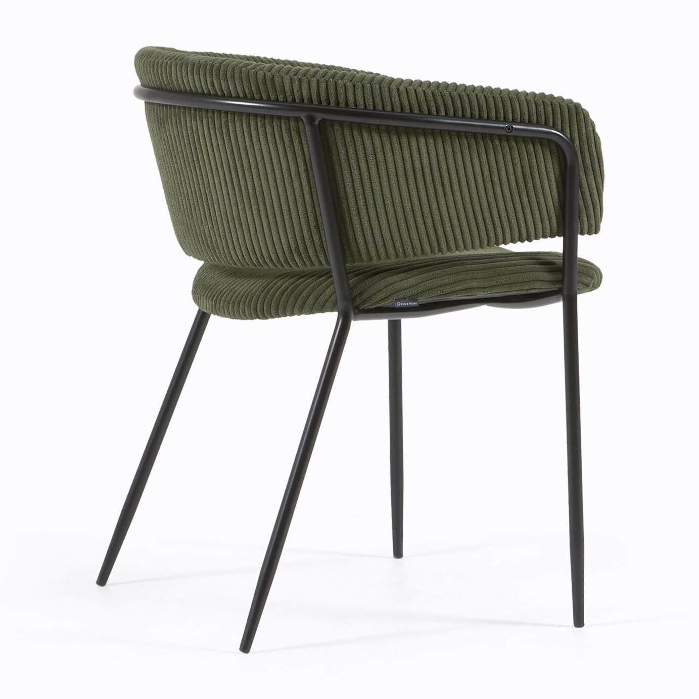 Kave Home - Sedia Runnie in velluto a coste verde scuro con gambe in acciaio verniciato nero