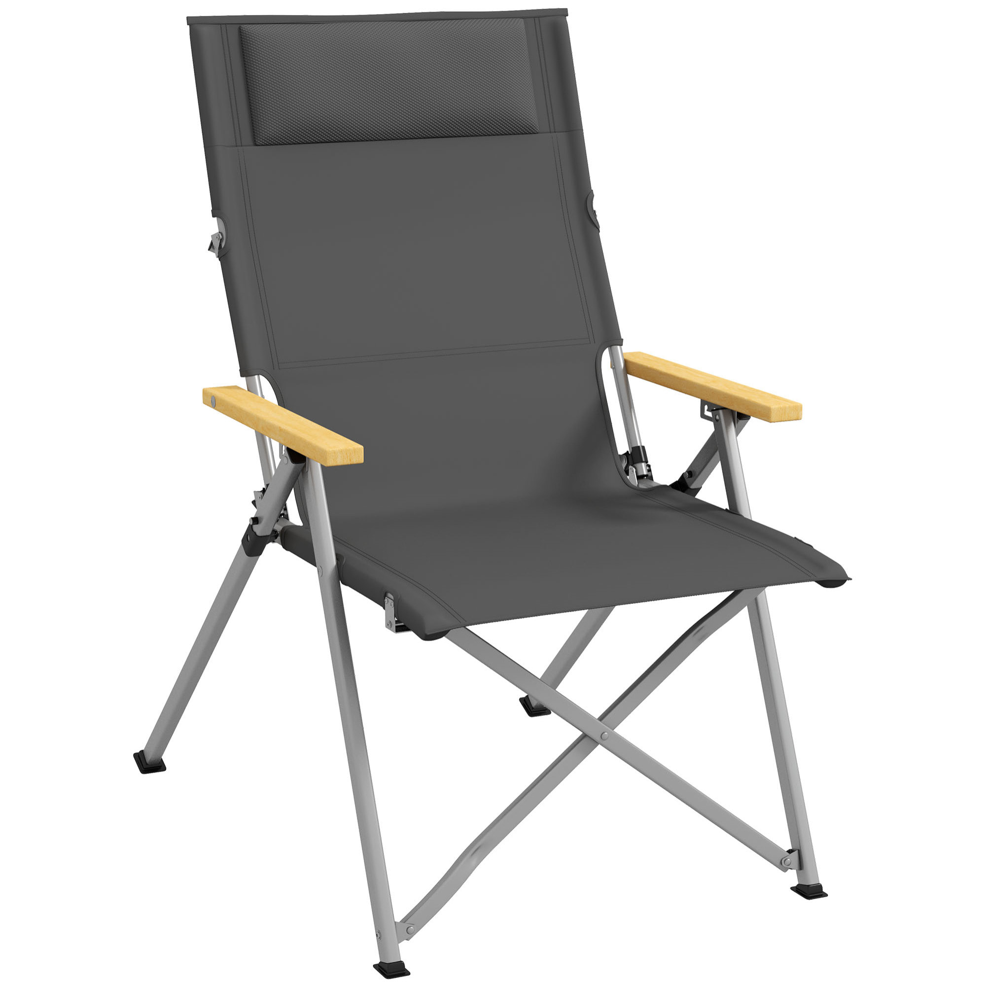 Chaise de camping pliable portable inclinable pochette rangement tétière alu accoudoirs bois gris
