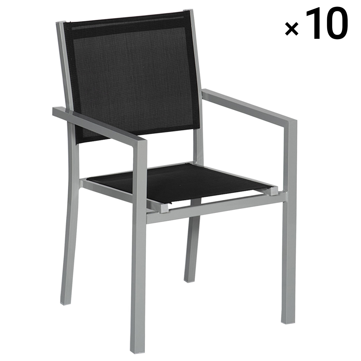 Lot de 10 chaises en aluminium gris - textilène noir