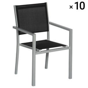 Lot de 10 chaises en aluminium gris - textilène noir