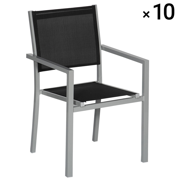 Lot de 10 chaises en aluminium gris - textilène noir