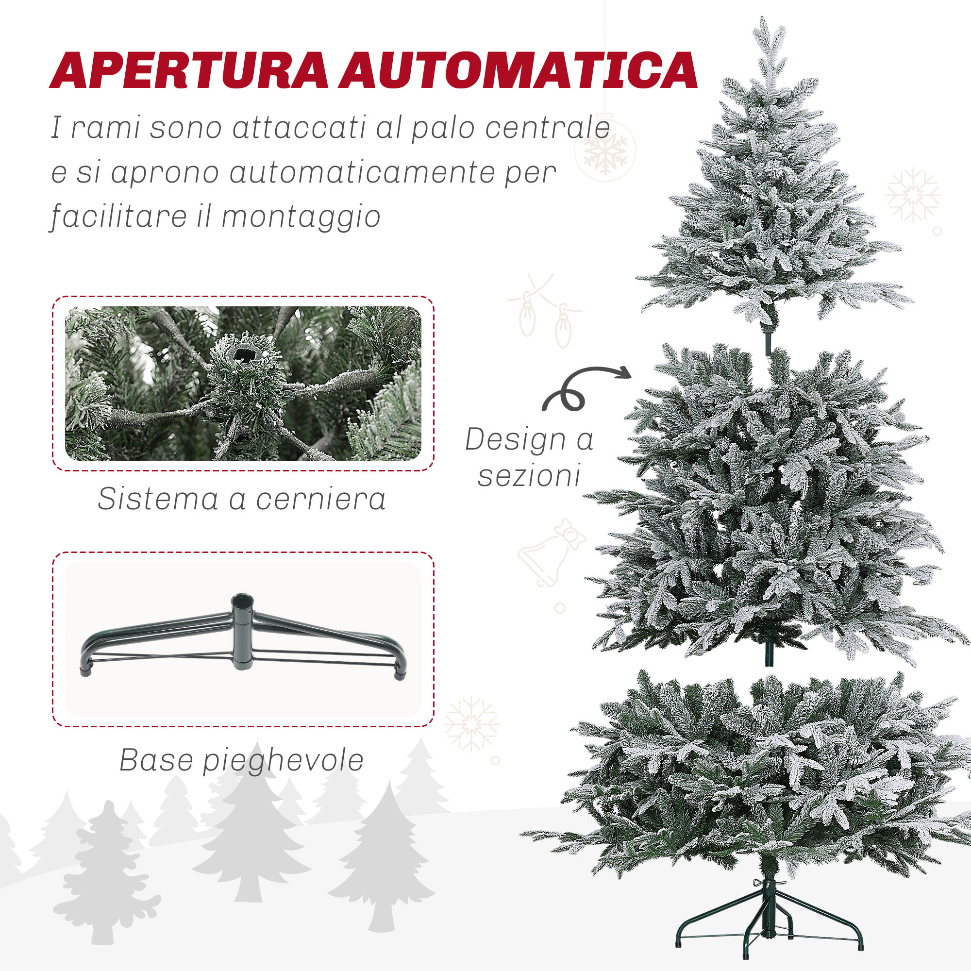 HOMCOM Albero di Natale Innevato 180cm con 2531 Rami Alto e Stretto con Base Pieghevole, Verde