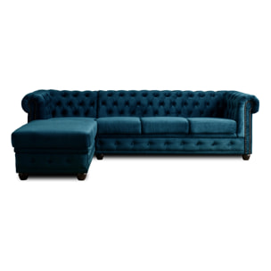 William - canapé Chesterfield d'angle gauche - 4 places - en velours - Bleu canard