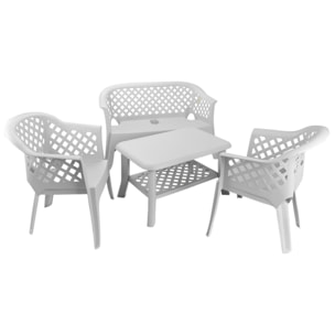 Set salotto da esterno Adone, Composizione da giardino con 2 poltrone, 1 panchina ed 1 tavolino, Salottino indoor ed outdoor, 100% Made in Italy, Bianco