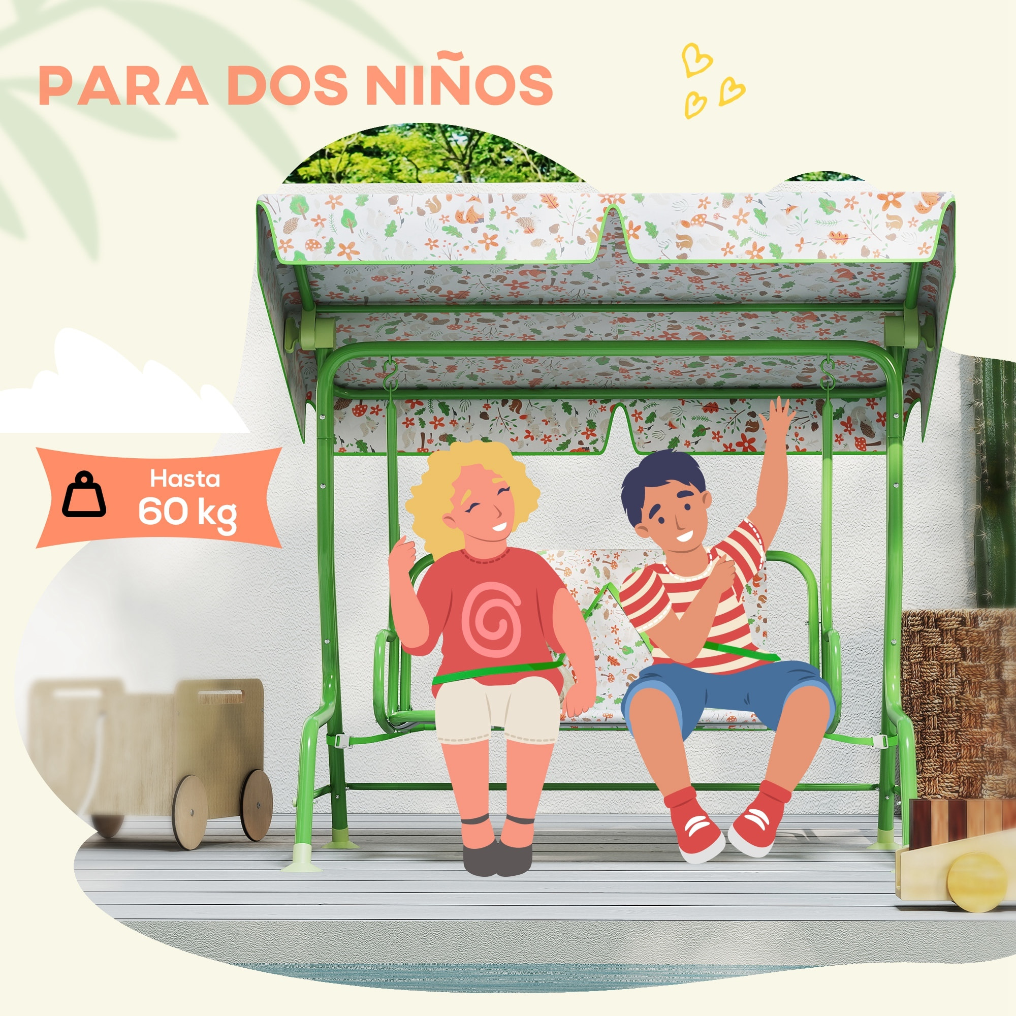 Columpio de Jardín Exterior para Niños de +3 Años Balancín de Jardín Exterior de 2 Plazas con Toldo Ajustable Arnés de Seguridad y Estampados Bonitos 112x75x120 cm Verde