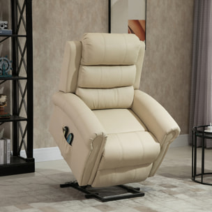 Sillón Relax Reclinable Eléctrico Levanta Personas, con Masaje Vibratorio y Calor, Sillón Elevador, con Control Remoto, Reposapiés, Tapizado en PU, Bolsillos Laterales, Crema