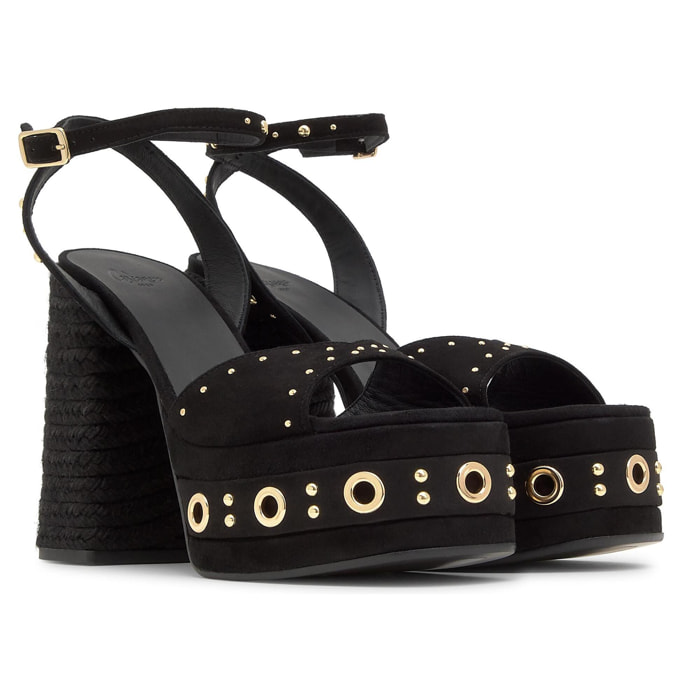 Sandalia Fruamba en ante con tachuelas y tacón de yute tintado