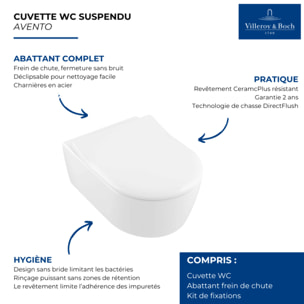 Cuvette WC suspendu Villeroy & Boch Avento + abattant frein de chute slim