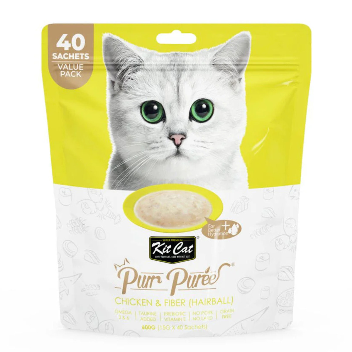 Kit Cat PurrPuree Value Pack - Pollo y Fibra Hairball - Kit Cat 40x15 g Snack cremoso para gatos
