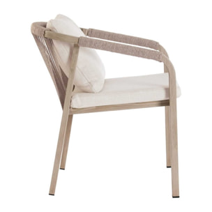 Set 4 sedie da giardino ALVOR con cuscini, intreccio in corda e struttura in alluminio effetto legno