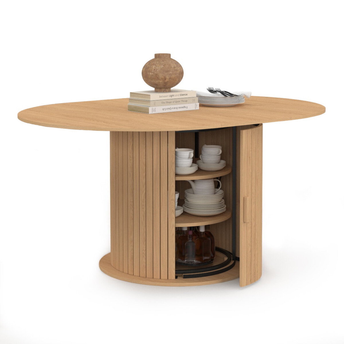 Table à manger ronde extensible Albane Ø110-150cm avec rangements