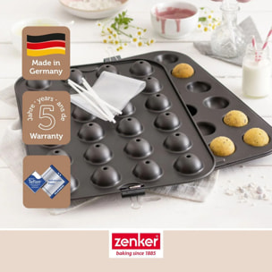 Ensemble avec 1 Moule pop cake 24 empreintes et 48 bâtonnets, 1 spatule Zenker et 2 bols à mixer en inox Fackelmann