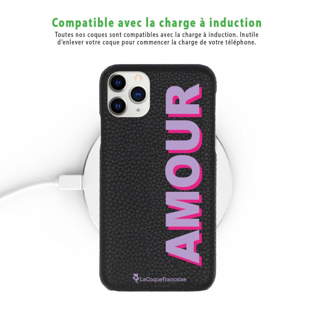 Coque iPhone 11 Pro Max effet cuir grainé noir Amour parme et fushia Design La Coque Francaise