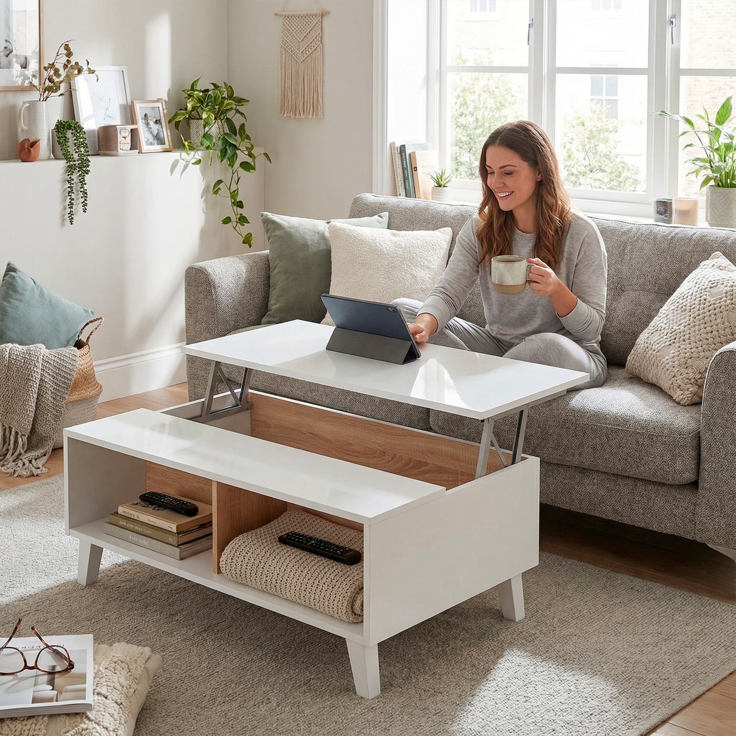 Tavolino Da Caffè Tavolo Basso Con Piano Sollevabile Da Salotto Soggiorno Moderno Con Ripiani Salvaspazio Design 100 x 68 x 38–50 Cm Bianco E Rovere