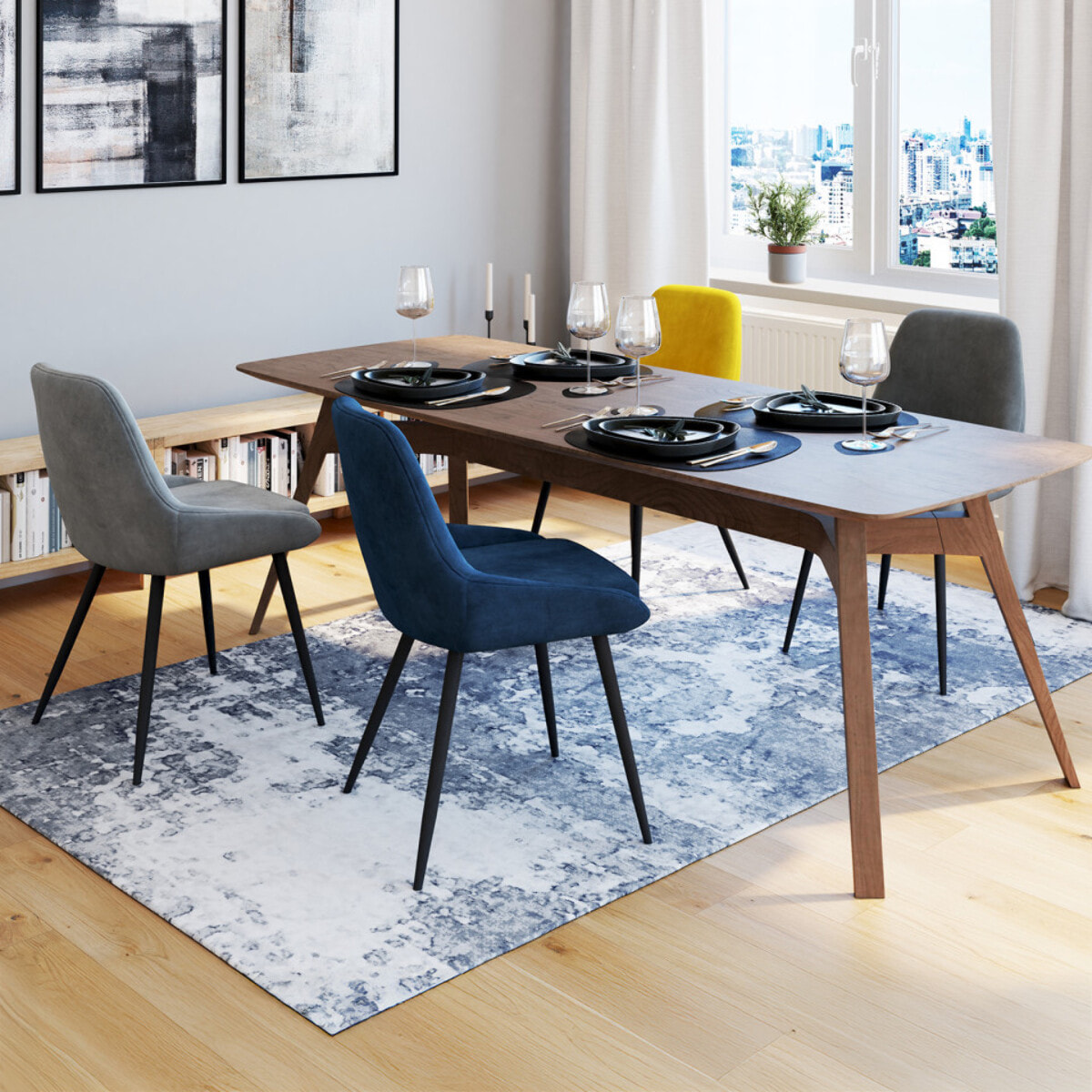 Chaises Olivia velours mix couleurs (bleu, gris clair, gris foncé, jaune) pieds métal - lot de 4