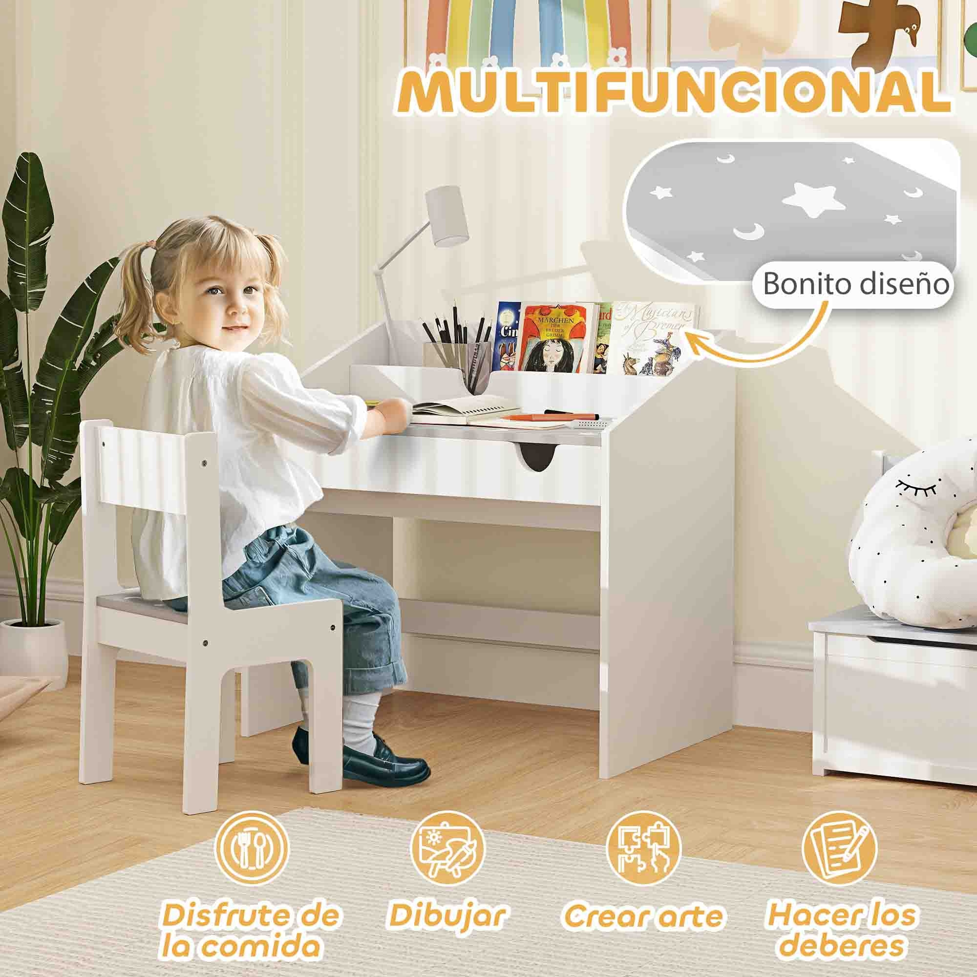 Juego de Escritorio y Silla para Niños de +3 Años Pupitre Infantil con Cajón Extraíble y Compartimento para Dormitorio Sala Estudio Gris y Blanco