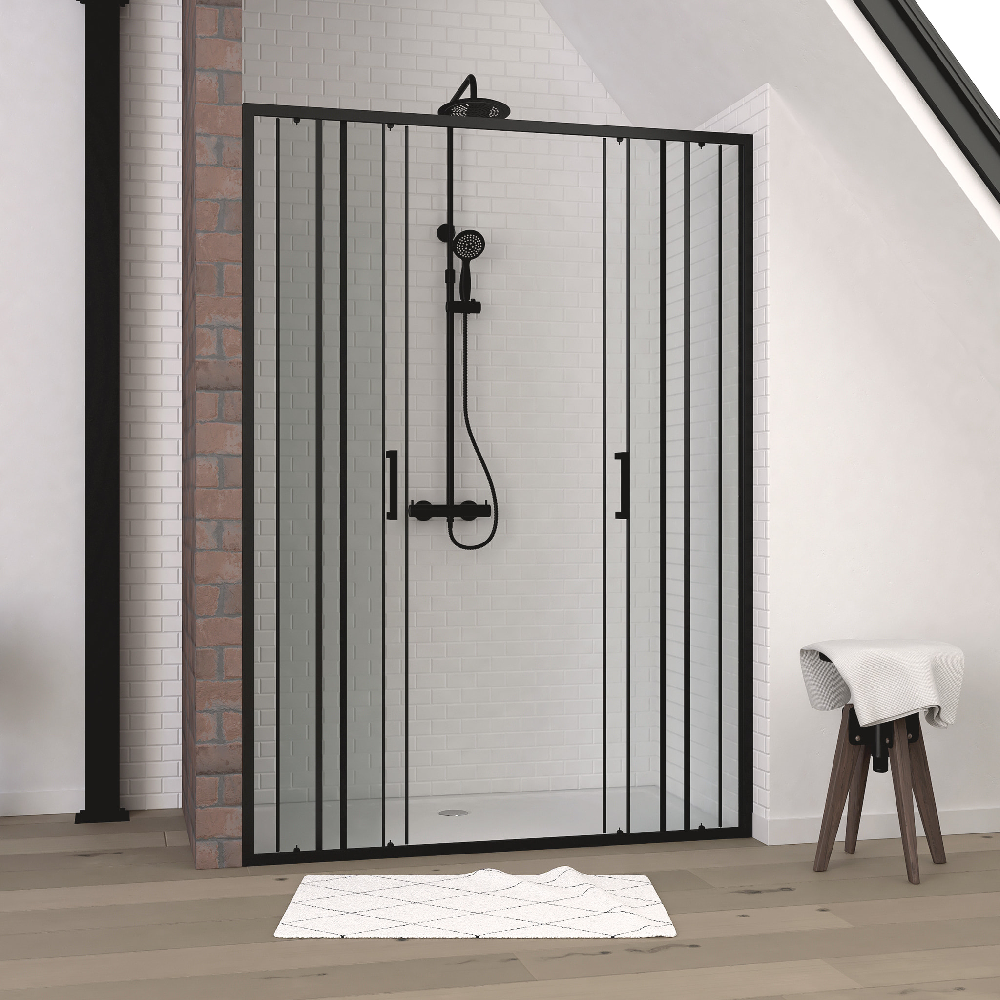 Porte de douche 2 portes coulissantes 140x200 cm - Verre sérigraphié - Profilé Noir - CRUSHX