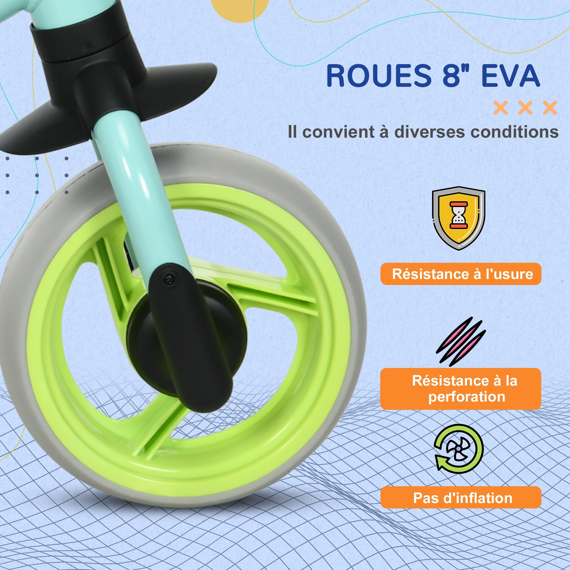 Draisienne enfant selle réglable roues EVA charge max. reco. 25 Kg acier bleu ciel