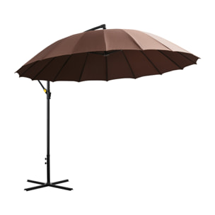 Parasol déporté rond inclinable manivelle piètement mât métal. dim. Ø 2,96 x 2,6H m polyester haute densité chocolat